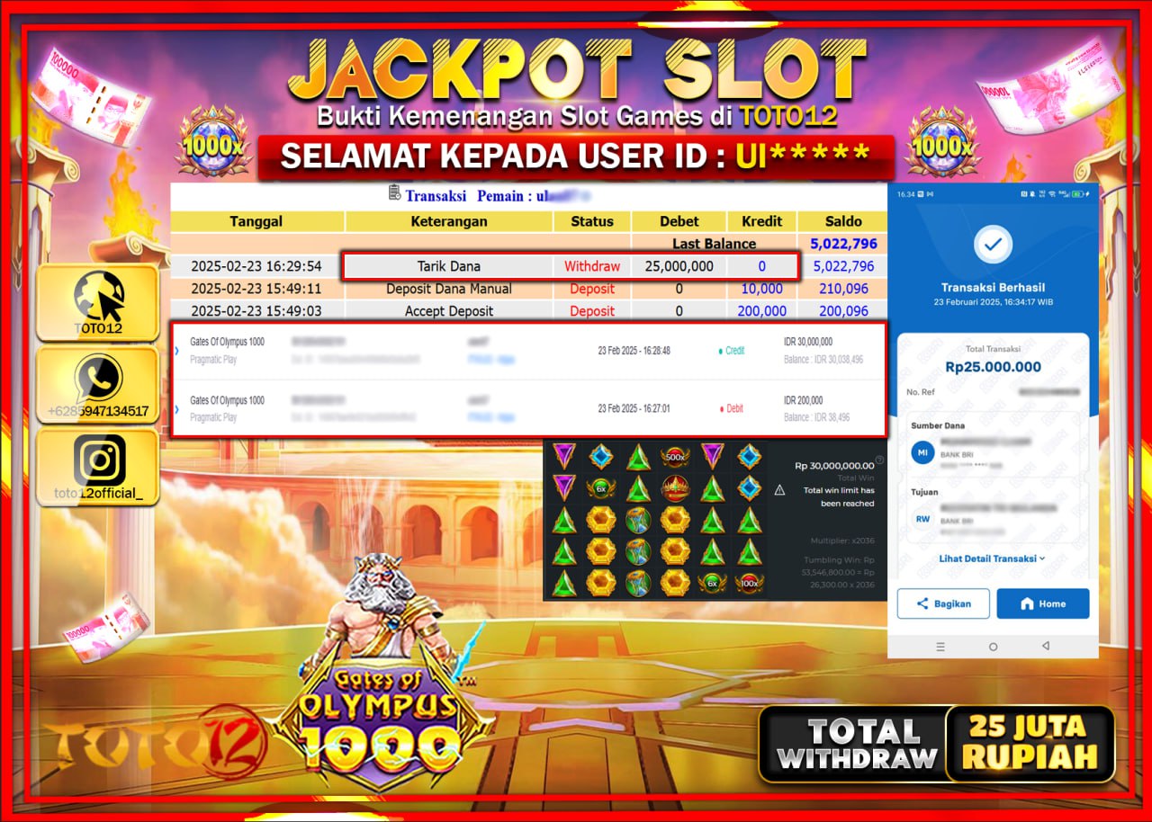 HANYA DI TOTO12 JP PASTI DI BAYAR LUNAS DAN CEPAT!!!!!! JACKPOT SLOT GAME (GATES OF OLYMPUS 1000) Rp.25.000.000 !!!!