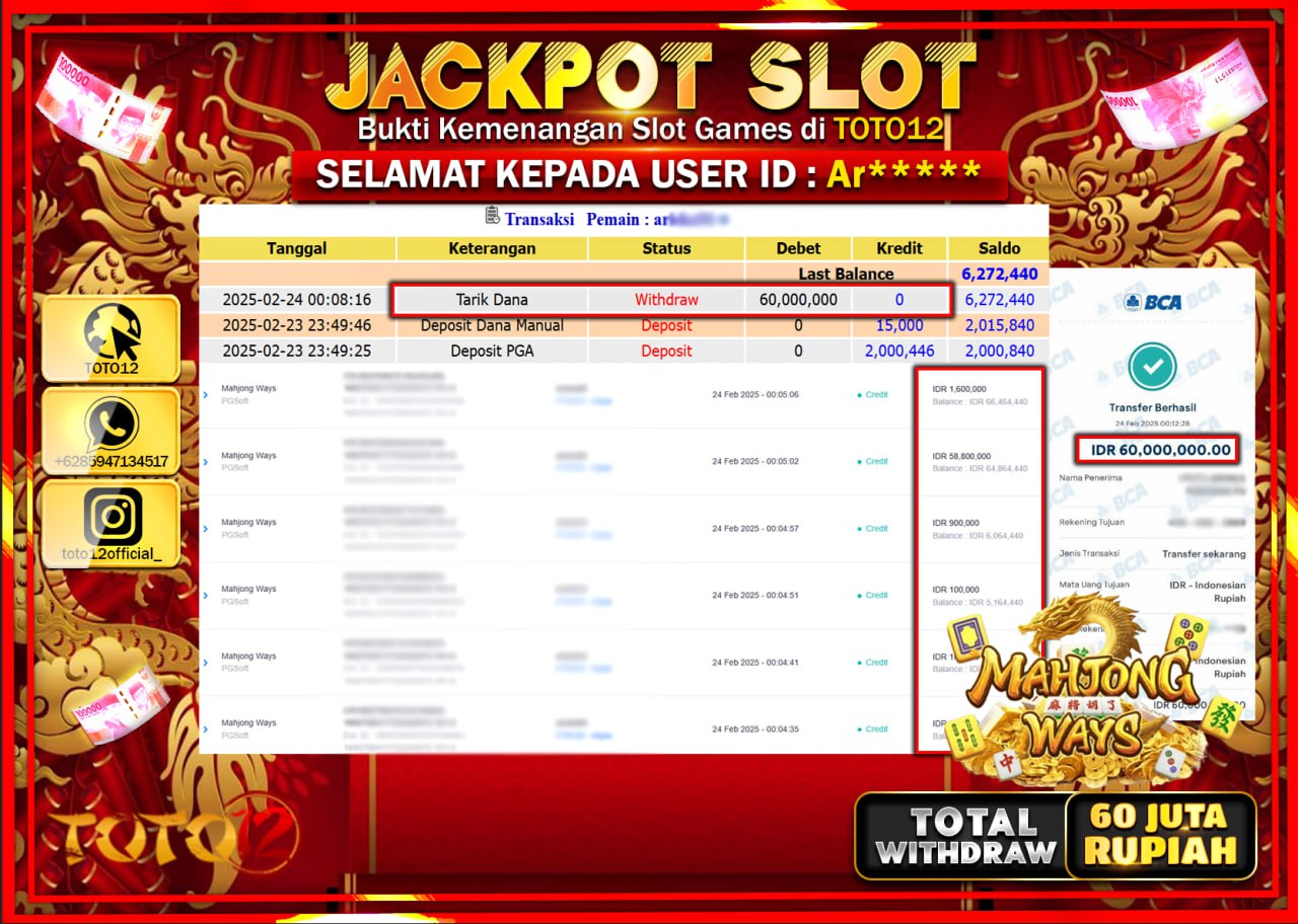 HANYA DI TOTO12 JP PASTI DI BAYAR LUNAS DAN CEPAT!!!!!! JACKPOT SLOT GAME (MAHJONG WAYS) Rp.60.000.000 !!!!
