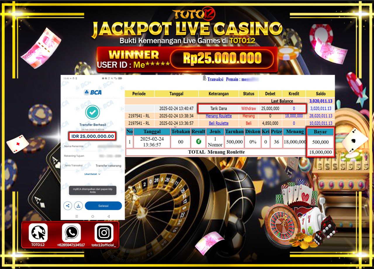 HANYA DI TOTO12 JP PASTI DI BAYAR LUNAS DAN CEPAT!!!!!! JACKPOT LIVE CASINO (ROULETTE) Rp.25.000.000 !!!!