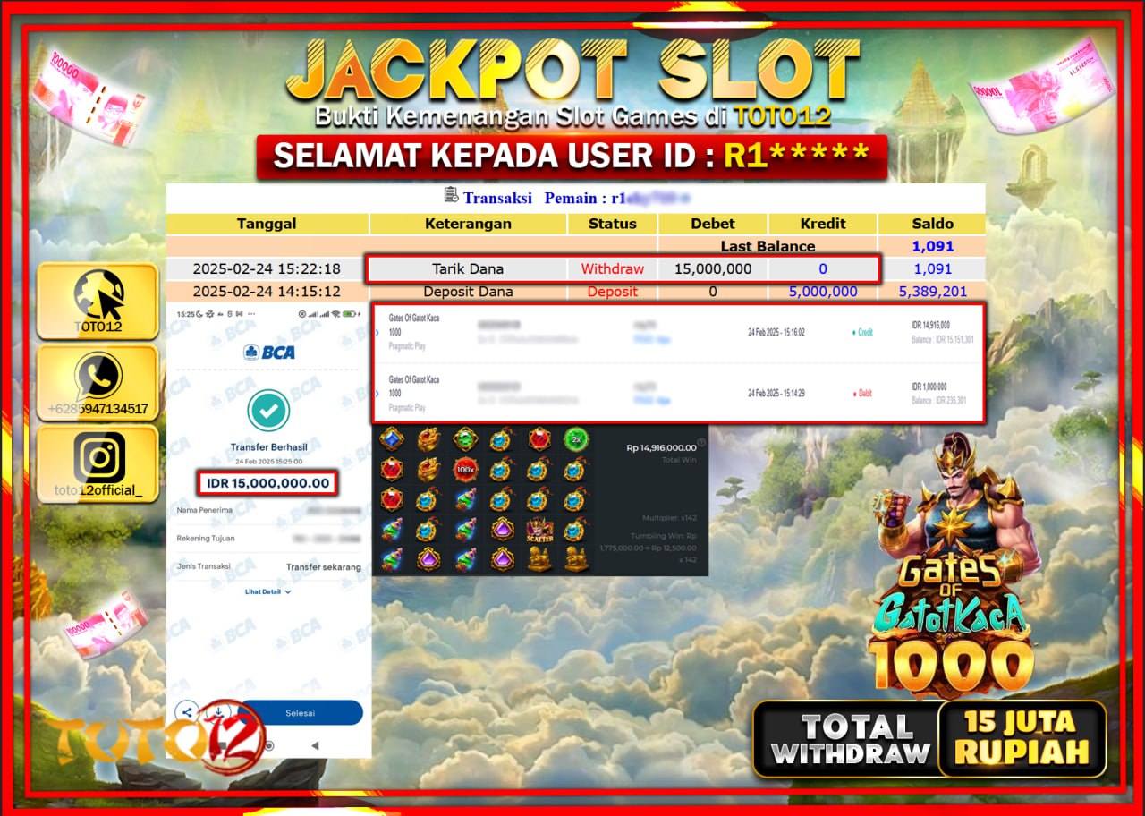 HANYA DI TOTO12 JP PASTI DI BAYAR LUNAS DAN CEPAT!!!!!! JACKPOT SLOT GAME (GATES OF GATOTKACA 1000) Rp.15.000.000 !!!!