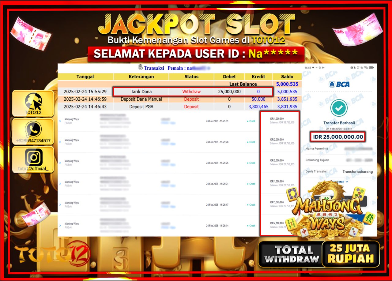 HANYA DI TOTO12 JP PASTI DI BAYAR LUNAS DAN CEPAT!!!!!! JACKPOT SLOT GAME (MAHJONG WAYS) Rp.25.000.000 !!!!