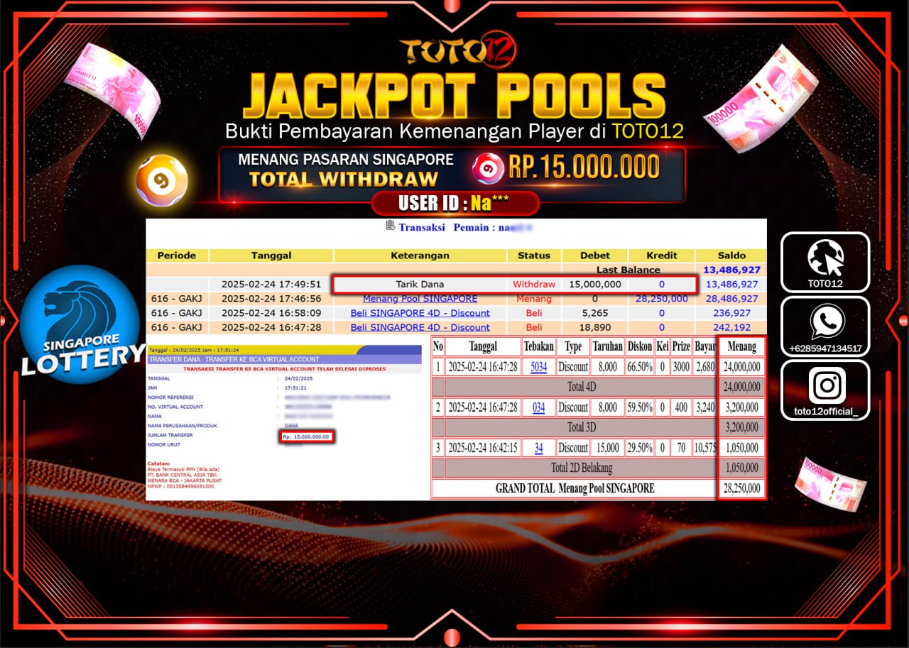 HANYA DI TOTO12 JP PASTI DI BAYAR LUNAS DAN CEPAT!!!!!! JACKPOT POOLS (SINGAPORE) Rp.15.000.000 !!!!