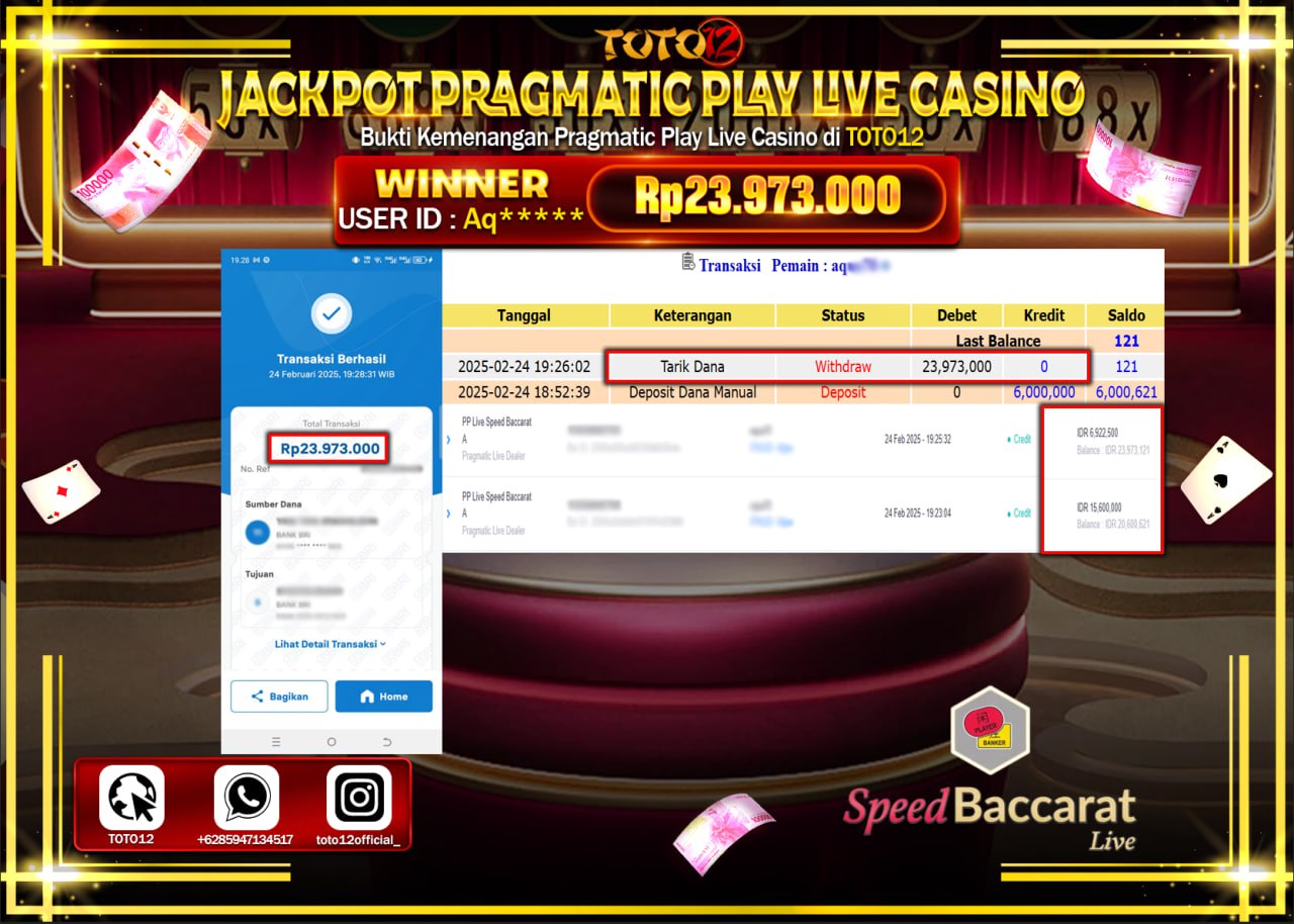 HANYA DI TOTO12 JP PASTI DI BAYAR LUNAS DAN CEPAT!!!!!! JACKPOT PRAGMATIC PLAY LIVE CASINO (SPEED BACCARAT) Rp.23.973.000 !!!!