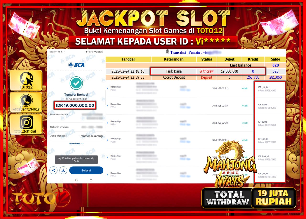 HANYA DI TOTO12 JP PASTI DI BAYAR LUNAS DAN CEPAT!!!!!! JACKPOT SLOT GAME (MAHJONG WAYS) Rp.19.000.000 !!!!