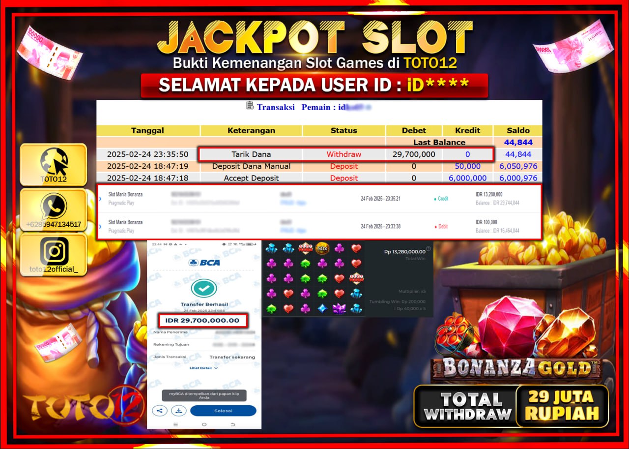 HANYA DI TOTO12 JP PASTI DI BAYAR LUNAS DAN CEPAT!!!!!! JACKPOT SLOT GAME (BONANZA GOLD) Rp.29.000.000 !!!!