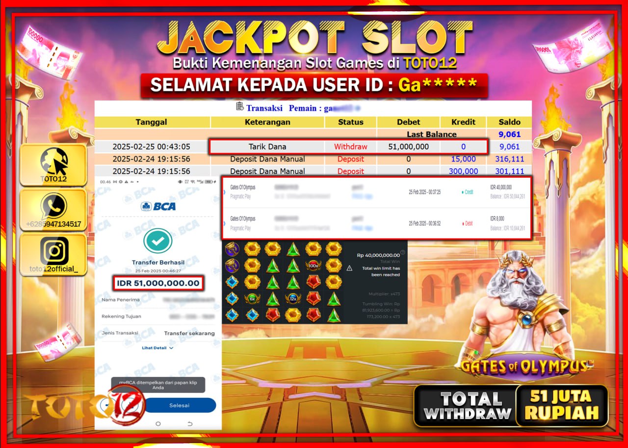HANYA DI TOTO12 JP PASTI DI BAYAR LUNAS DAN CEPAT!!!!!! JACKPOT SLOT GAME (GATES OF OLYMPUS) Rp.51.000.000 !!!!