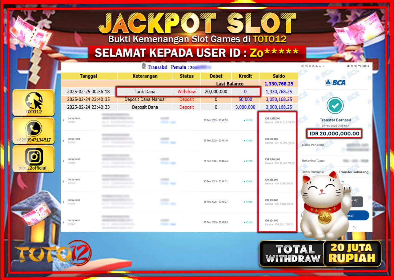 HANYA DI TOTO12 JP PASTI DI BAYAR LUNAS DAN CEPAT!!!!!! JACKPOT SLOT GAME (LUCKY NEKO) Rp.20.000.000 !!!!