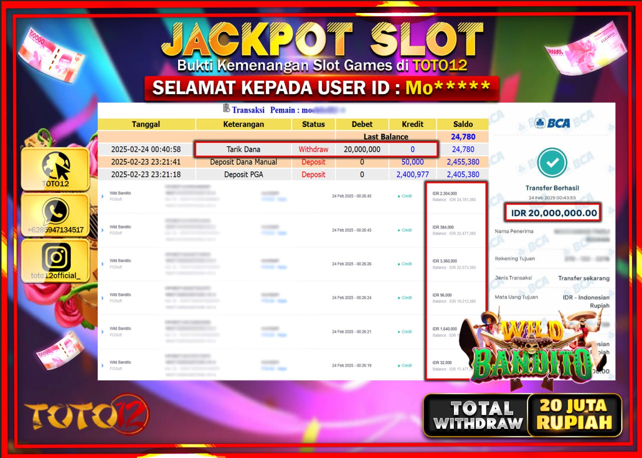 HANYA DI TOTO12 JP PASTI DI BAYAR LUNAS DAN CEPAT!!!!!! JACKPOT SLOT GAME (WILD BANDITO) Rp.20.000.000 !!!!