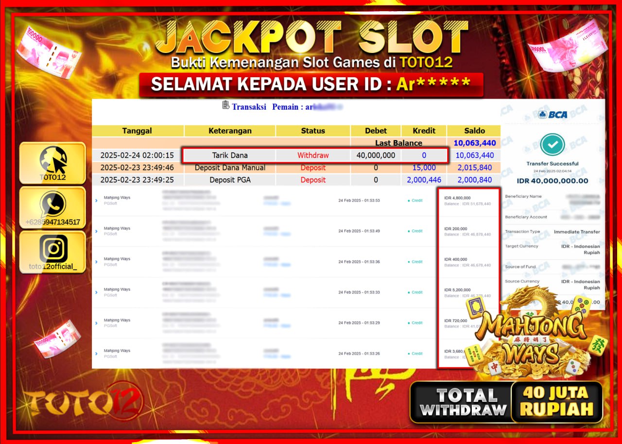 HANYA DI TOTO12 JP PASTI DI BAYAR LUNAS DAN CEPAT!!!!!! JACKPOT SLOT GAME (MAHJONG WAYS) Rp.40.000.000 !!!!