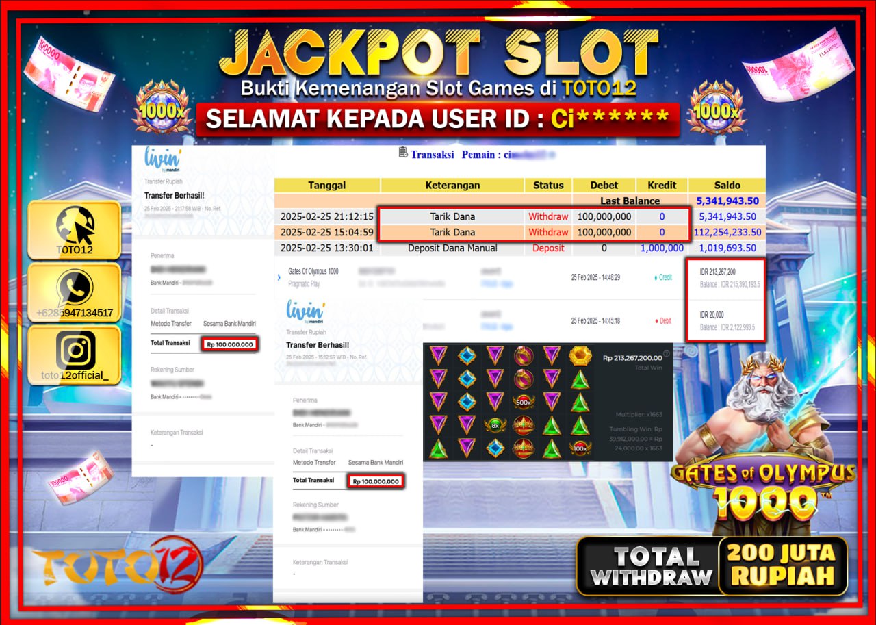 HANYA DI TOTO12 JP PASTI DI BAYAR LUNAS DAN CEPAT!!!!!! JACKPOT SLOT GAME (GATES OF OLYMPUS 1000) Rp.200.000.000 !!!!