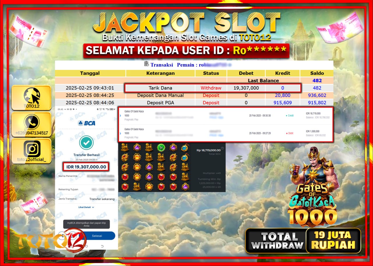 HANYA DI TOTO12 JP PASTI DI BAYAR LUNAS DAN CEPAT!!!!!! JACKPOT SLOT GAME (GATES OF GATOTKACA 1000) Rp.19.000.000 !!!!