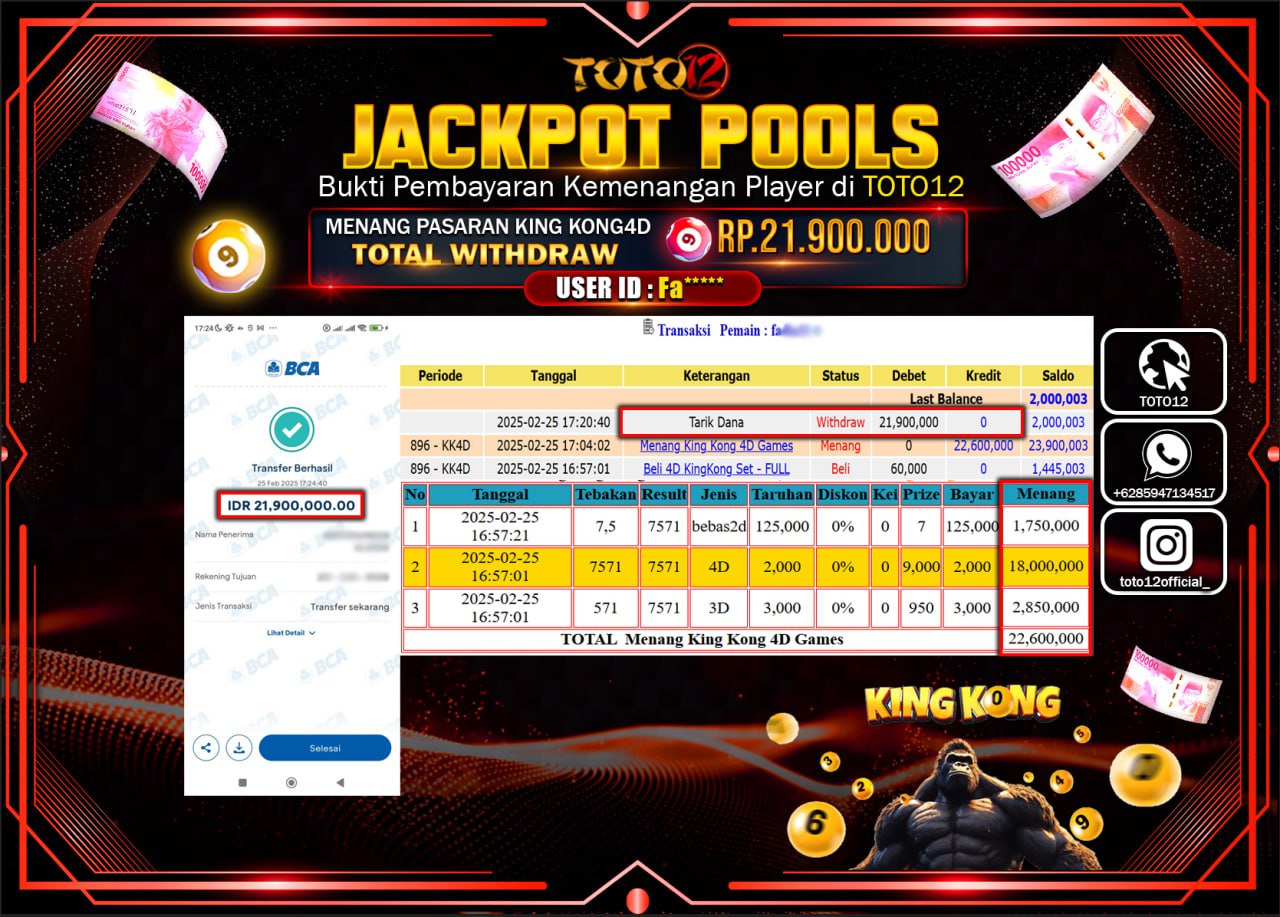 HANYA DI TOTO12 JP PASTI DI BAYAR LUNAS DAN CEPAT!!!!!! JACKPOT POOLS (KING KONG) Rp.21.900.000 !!!!