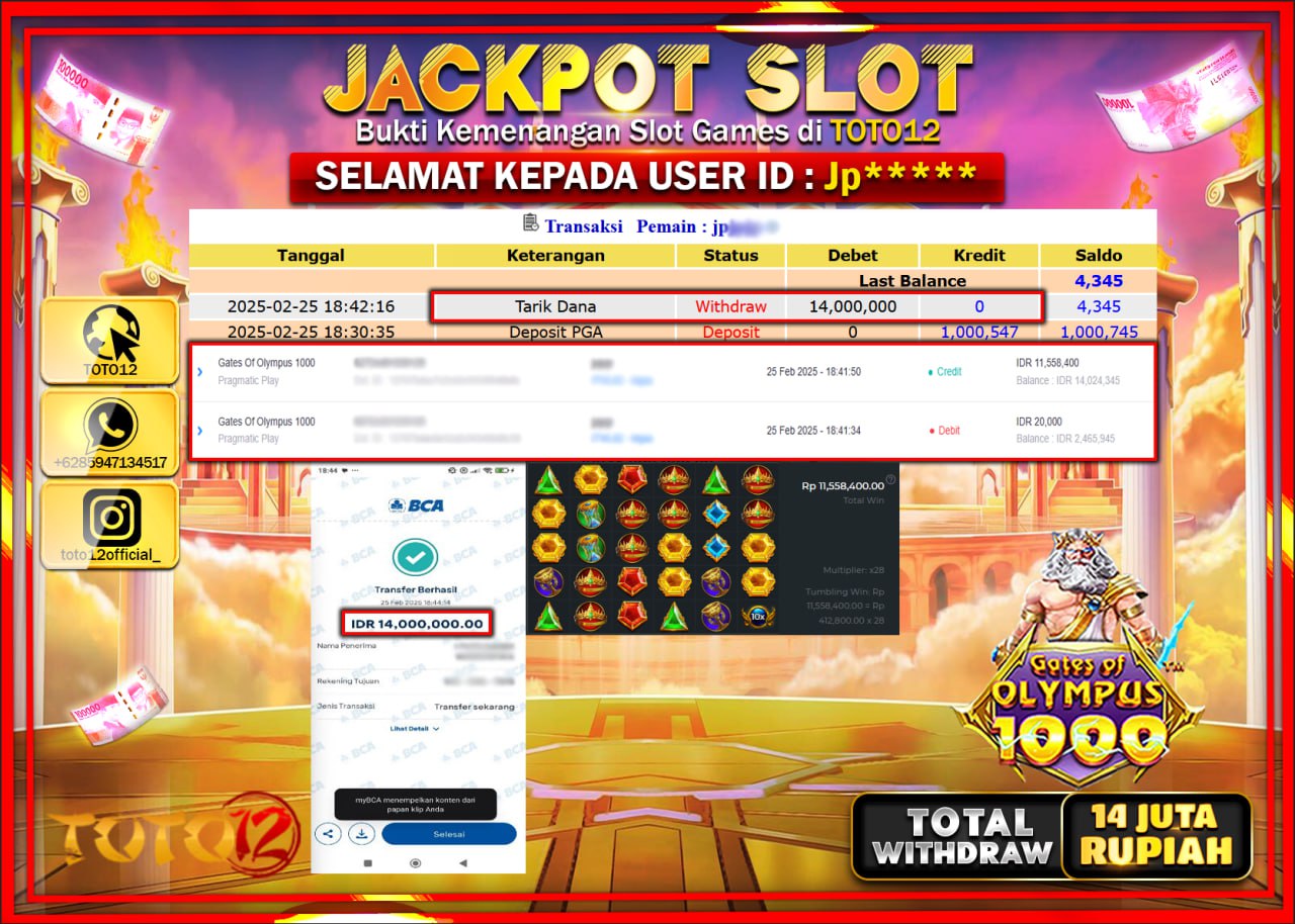 HANYA DI TOTO12 JP PASTI DI BAYAR LUNAS DAN CEPAT!!!!!! JACKPOT SLOT GAME (GATES OF OLYMPUS 1000) Rp.14.000.000 !!!!