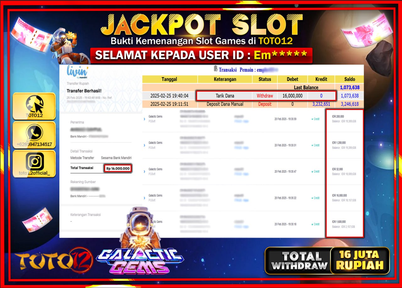 HANYA DI TOTO12 JP PASTI DI BAYAR LUNAS DAN CEPAT!!!!!! JACKPOT SLOT GAME (GALACTIC GEMS) Rp.16.000.000 !!!!