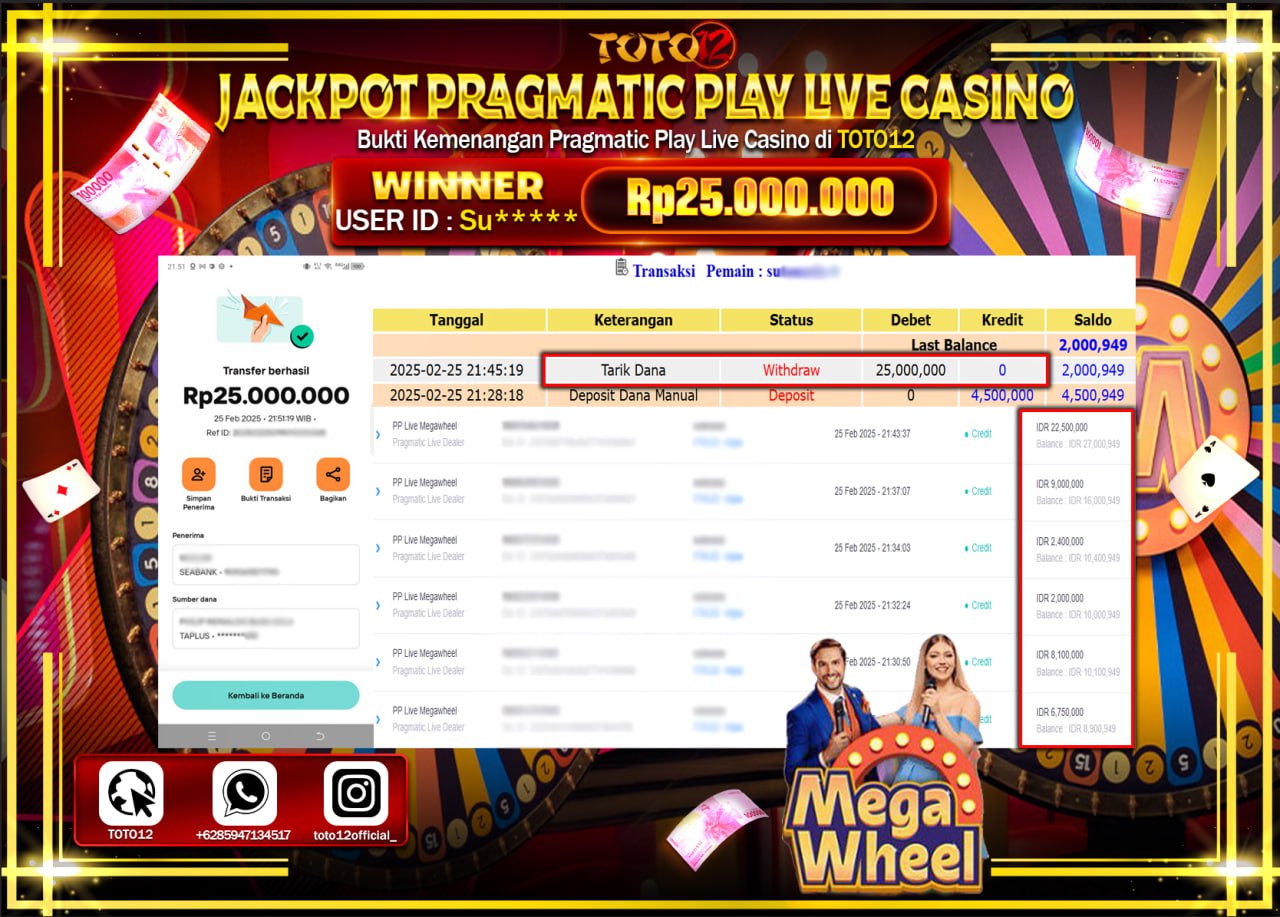 HANYA DI TOTO12 JP PASTI DI BAYAR LUNAS DAN CEPAT!!!!!! JACKPOT PRAGMATIC PLAY LIVE CASINO (MEGA WHEEL) Rp.25.000.000 !!!!