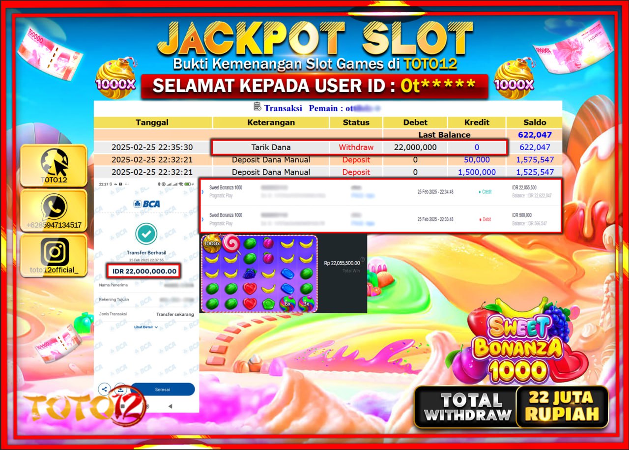 HANYA DI TOTO12 JP PASTI DI BAYAR LUNAS DAN CEPAT!!!!!! JACKPOT SLOT GAME (SWEET BONANZA 1000) Rp.22.000.000 !!!!