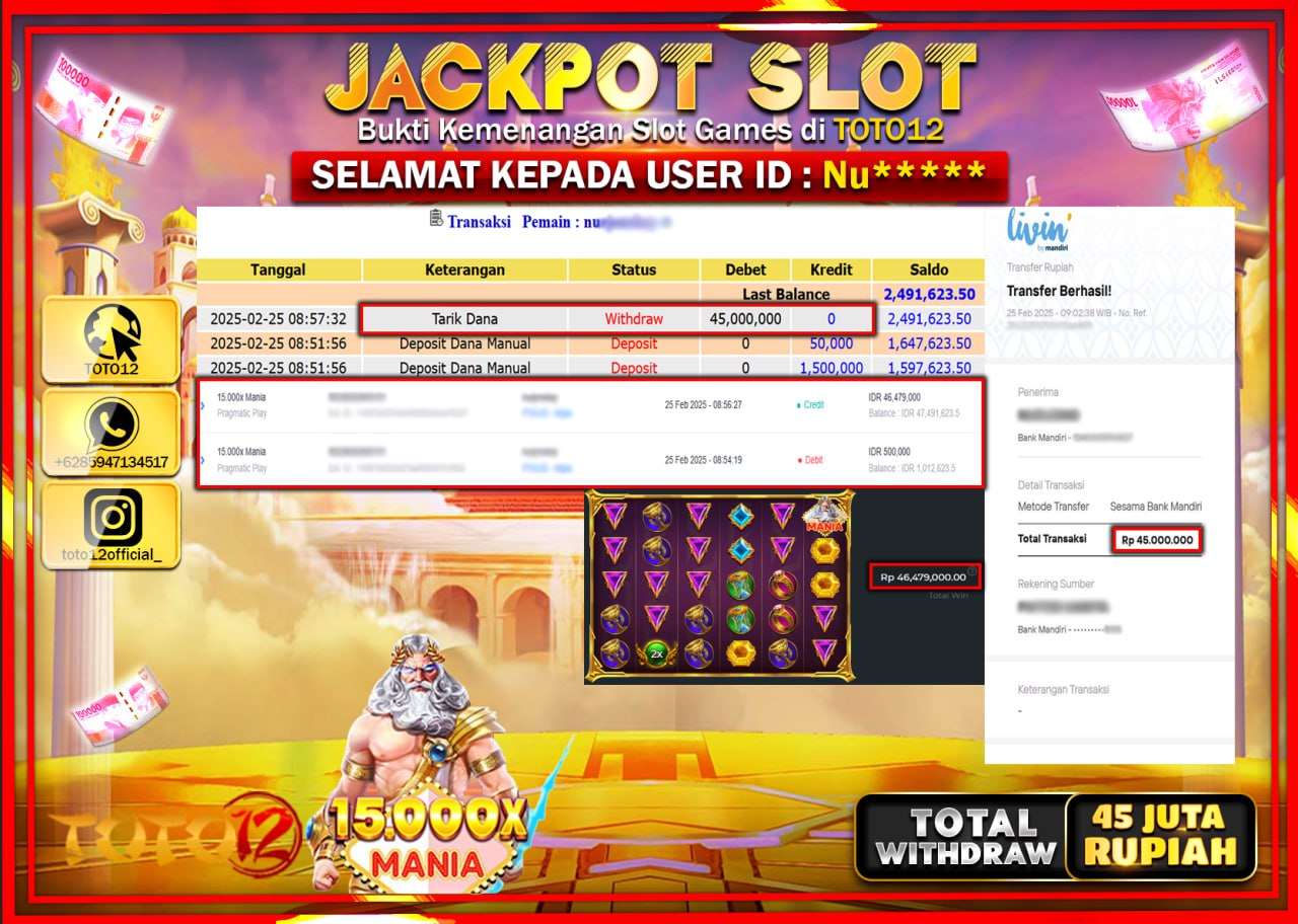HANYA DI TOTO12 JP PASTI DI BAYAR LUNAS DAN CEPAT!!!!!! JACKPOT SLOT GAME (15 000 MANIA) Rp.45.000.000 !!!!