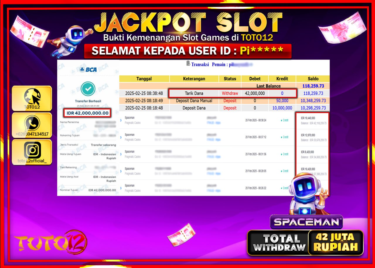 HANYA DI TOTO12 JP PASTI DI BAYAR LUNAS DAN CEPAT!!!!!! JACKPOT SLOT GAME (SPACEMAN) Rp.42.000.000 !!!!
