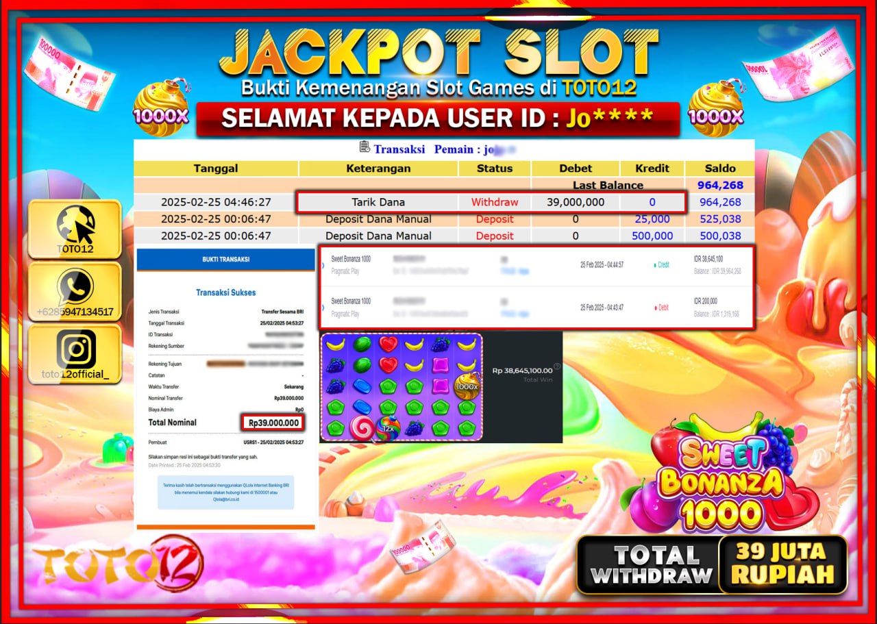 HANYA DI TOTO12 JP PASTI DI BAYAR LUNAS DAN CEPAT!!!!!! JACKPOT SLOT GAME (SWEET BONANZA 1000) Rp.39.000.000 !!!!