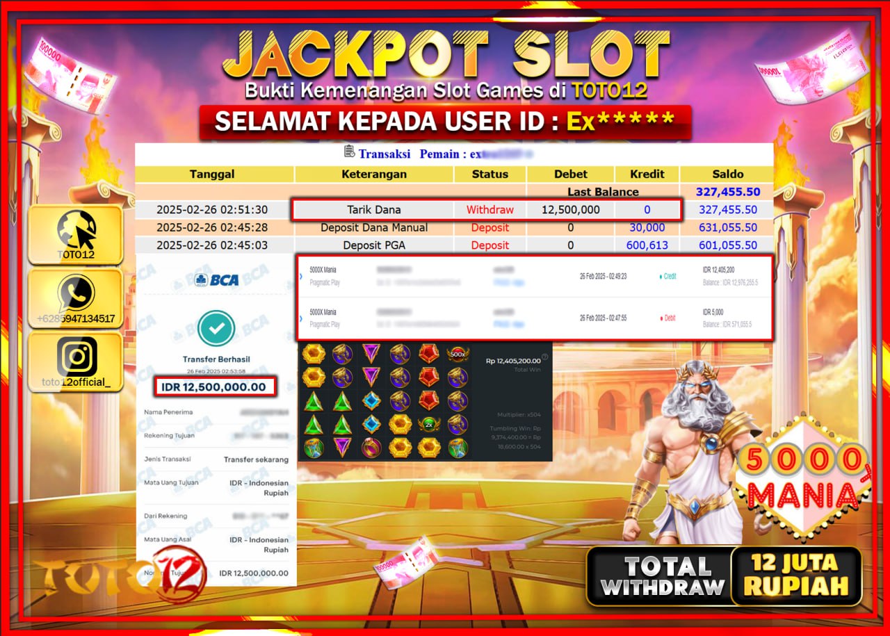 HANYA DI TOTO12 JP PASTI DI BAYAR LUNAS DAN CEPAT!!!!!! JACKPOT SLOT GAME (5000x MANIA) Rp.12.500.000 !!!!