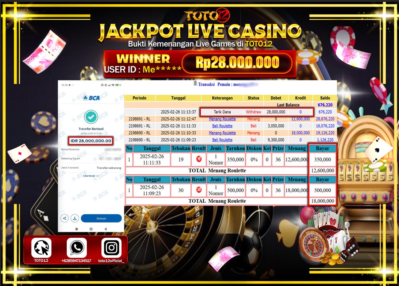 HANYA DI TOTO12 JP PASTI DI BAYAR LUNAS DAN CEPAT!!!!!! JACKPOT LIVE CASINO (ROULETTE) Rp.28.000.000 !!!!