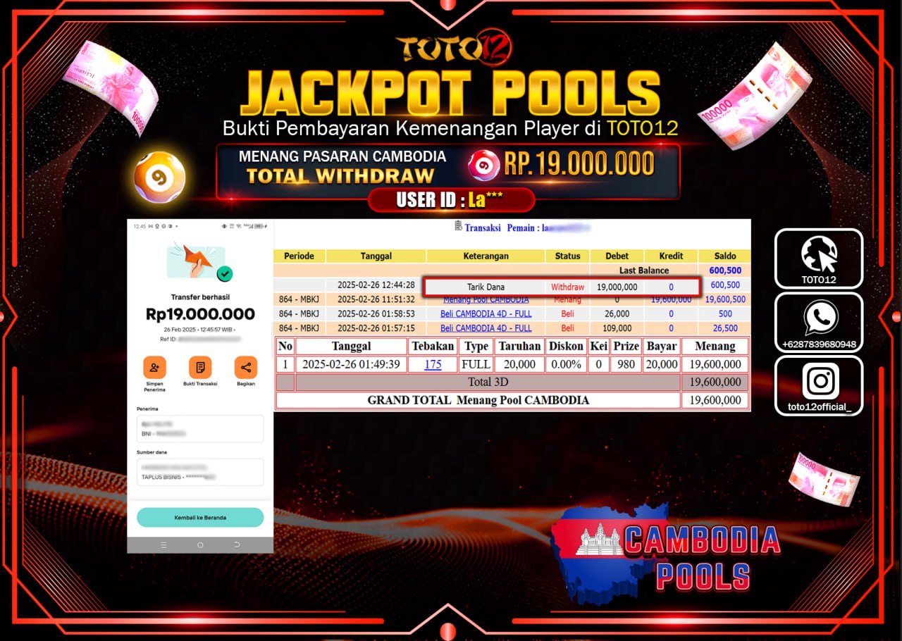 HANYA DI TOTO12 JP PASTI DI BAYAR LUNAS DAN CEPAT!!!!!! JACKPOT POOLS (CAMBODIA) Rp.19.000.000 !!!!