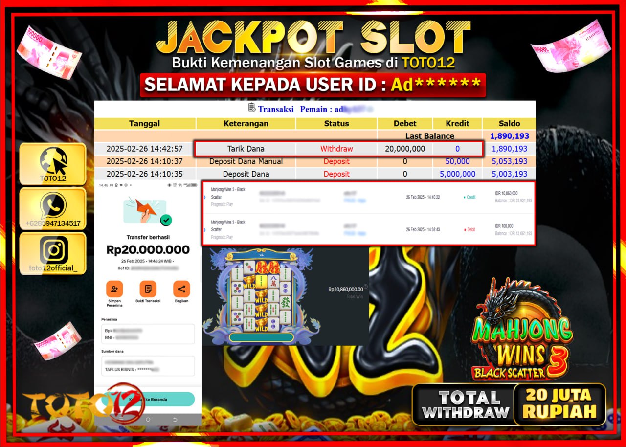 HANYA DI TOTO12 JP PASTI DI BAYAR LUNAS DAN CEPAT!!!!!! JACKPOT SLOT GAME (MAHJONG WINS 3 BLACK) Rp.20.000.000 !!!!