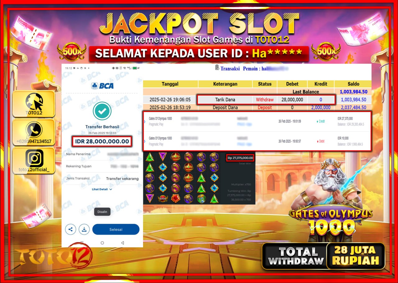HANYA DI TOTO12 JP PASTI DI BAYAR LUNAS DAN CEPAT!!!!!! JACKPOT SLOT GAME (GATES OF OLYMPUS 1000) Rp.28.000.000 !!!!