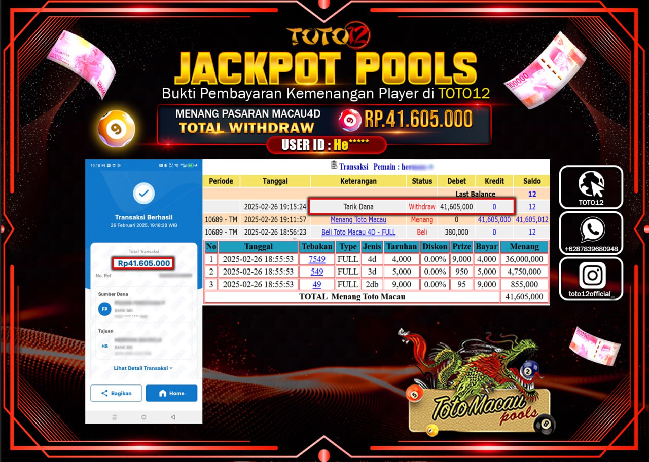 HANYA DI TOTO12 JP PASTI DI BAYAR LUNAS DAN CEPAT!!!!!! JACKPOT POOLS (TOTO MACAU) Rp.41.605.000 !!!!