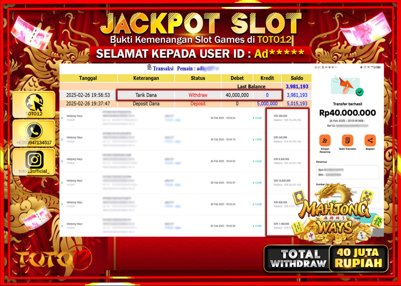 HANYA DI TOTO12 JP PASTI DI BAYAR LUNAS DAN CEPAT!!!!!! JACKPOT SLOT GAME (MAHJONG WAYS) Rp.40.000.000 !!!!