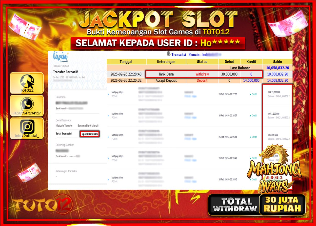 HANYA DI TOTO12 JP PASTI DI BAYAR LUNAS DAN CEPAT!!!!!! JACKPOT SLOT GAME (MAHJONG WAYS) Rp.30.000.000 !!!!