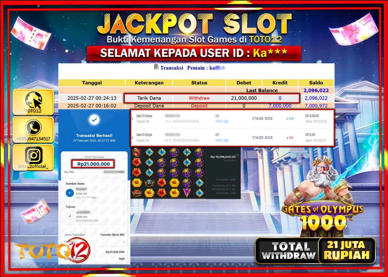 HANYA DI TOTO12 JP PASTI DI BAYAR LUNAS DAN CEPAT!!!!!! JACKPOT SLOT GAME (GATES OF OLYMPUS 1000) Rp.21.000.000 !!!!