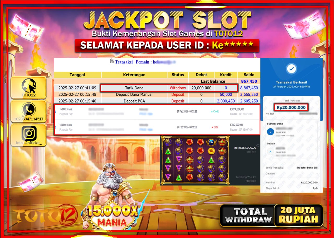 HANYA DI TOTO12 JP PASTI DI BAYAR LUNAS DAN CEPAT!!!!!! JACKPOT SLOT GAME (15 000x MANIA) Rp.20.000.000 !!!!