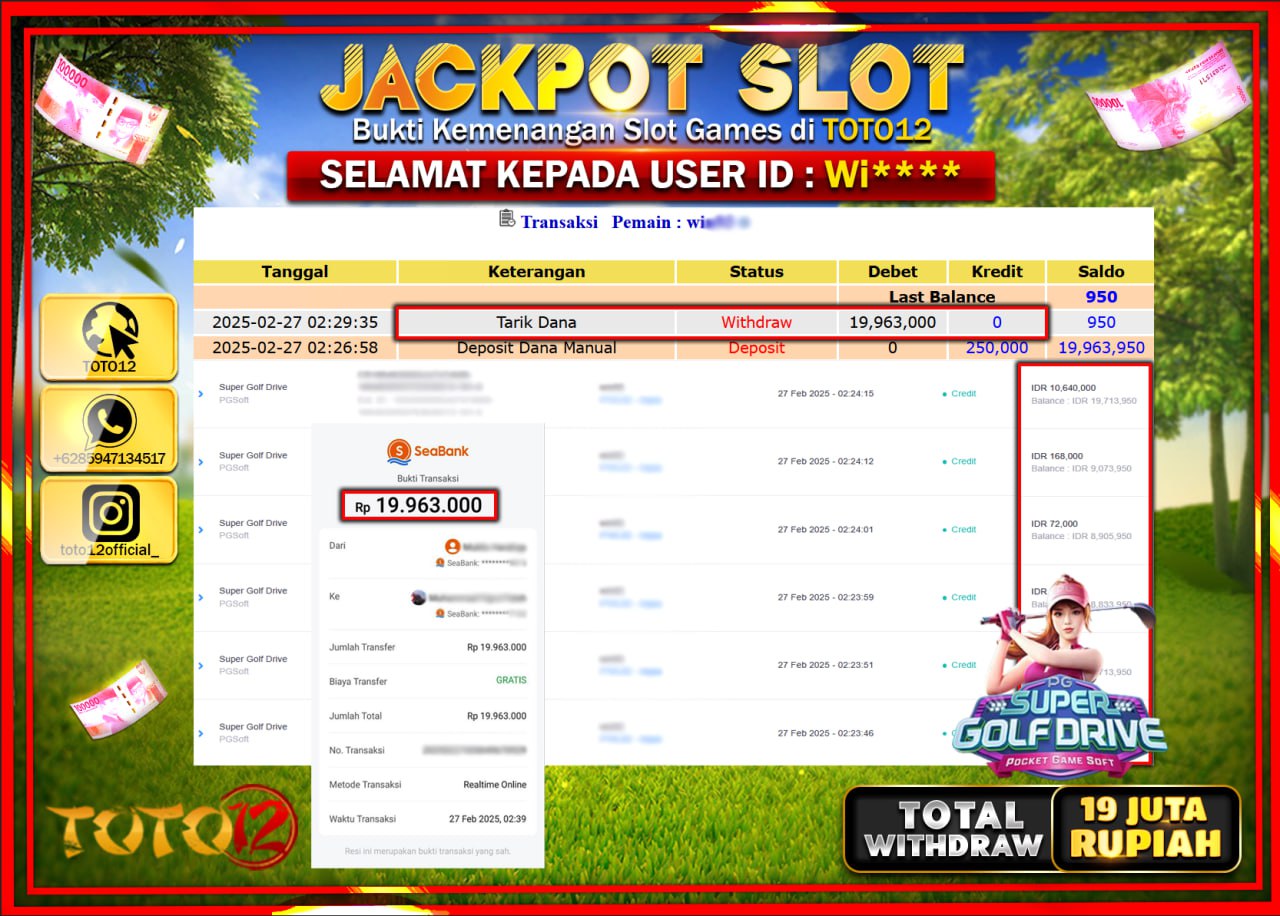 HANYA DI TOTO12 JP PASTI DI BAYAR LUNAS DAN CEPAT!!!!!! JACKPOT SLOT GAME (SUPER GOLF DRIVE) Rp.19.963.000 !!!!