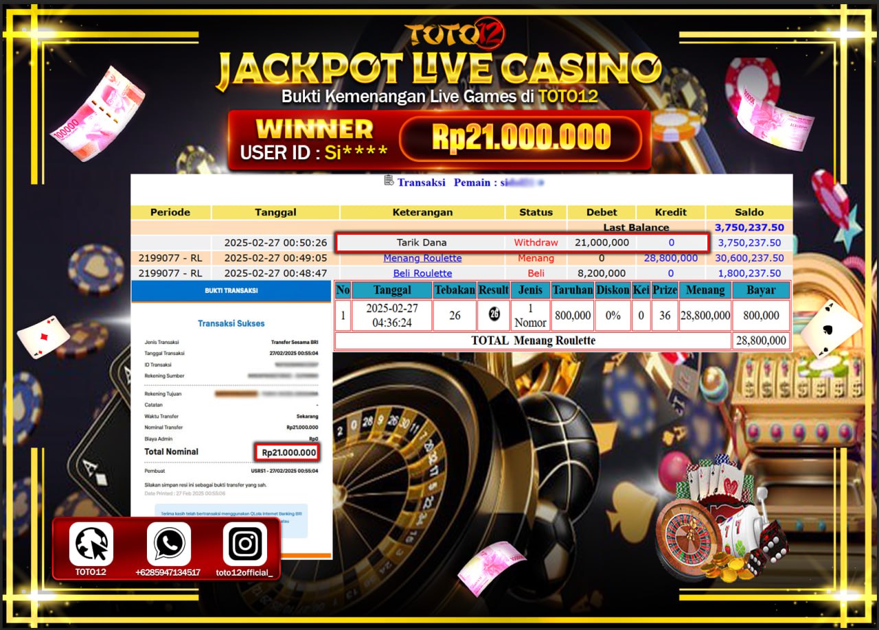 HANYA DI TOTO12 JP PASTI DI BAYAR LUNAS DAN CEPAT!!!!!! JACKPOT LIVE CASINO (ROULETTE) Rp.21.000.000 !!!!