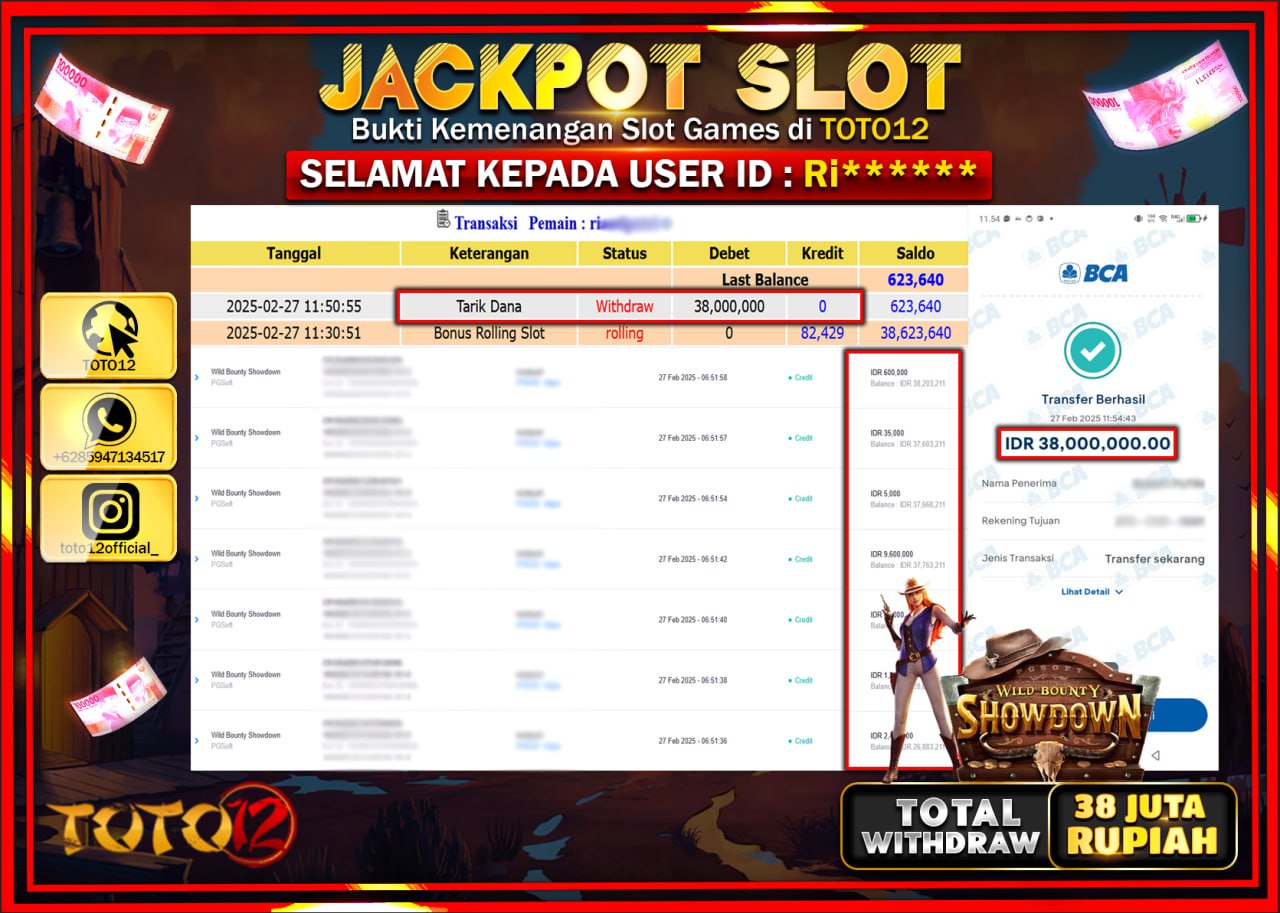 HANYA DI TOTO12 JP PASTI DI BAYAR LUNAS DAN CEPAT!!!!!! JACKPOT SLOT GAME (WILD BOUNTY SHOWDOWN) Rp.38.000.000 !!!!