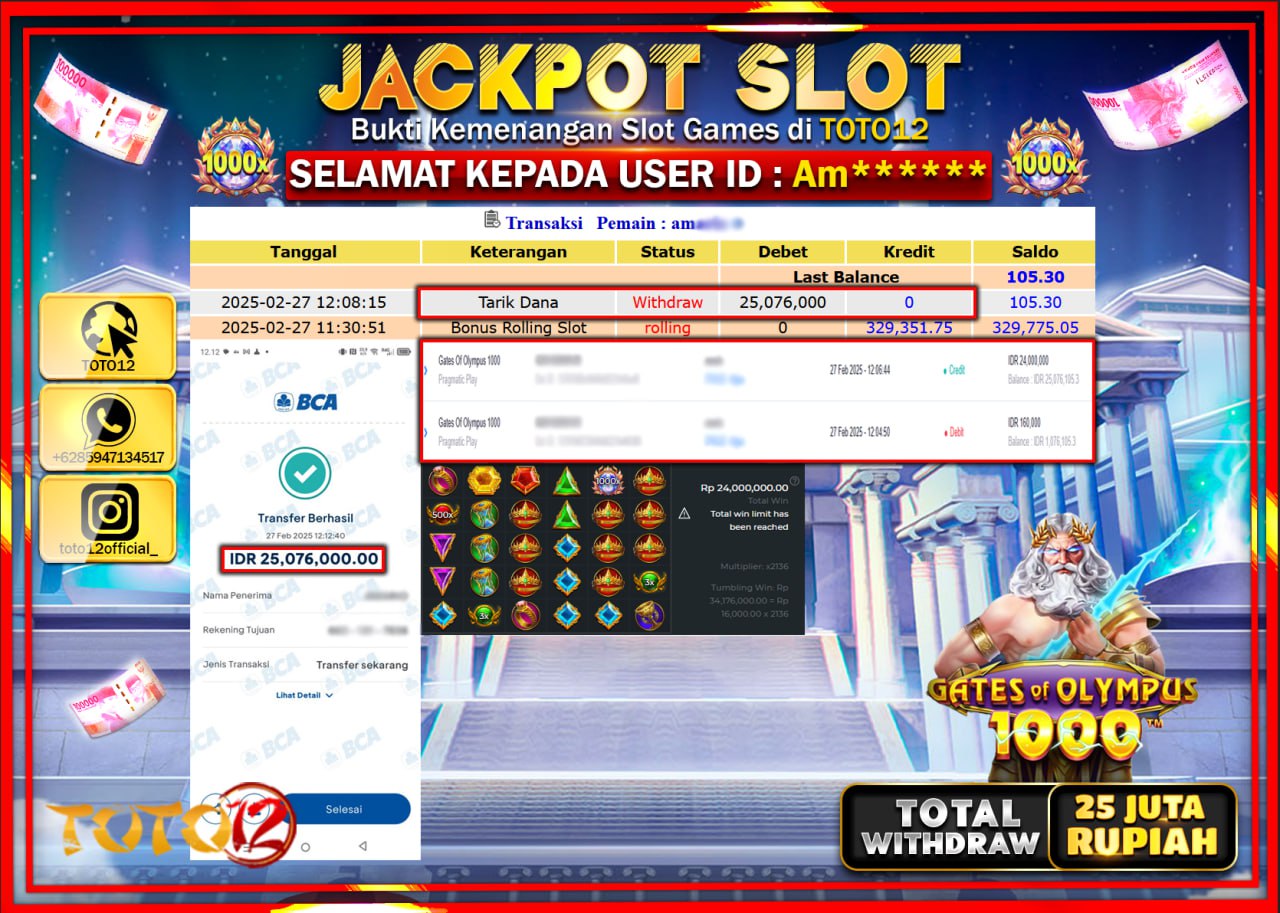 HANYA DI TOTO12 JP PASTI DI BAYAR LUNAS DAN CEPAT!!!!!! JACKPOT SLOT GAME (GATES OF OLYMPUS 1000) Rp.25.076.000 !!!!
