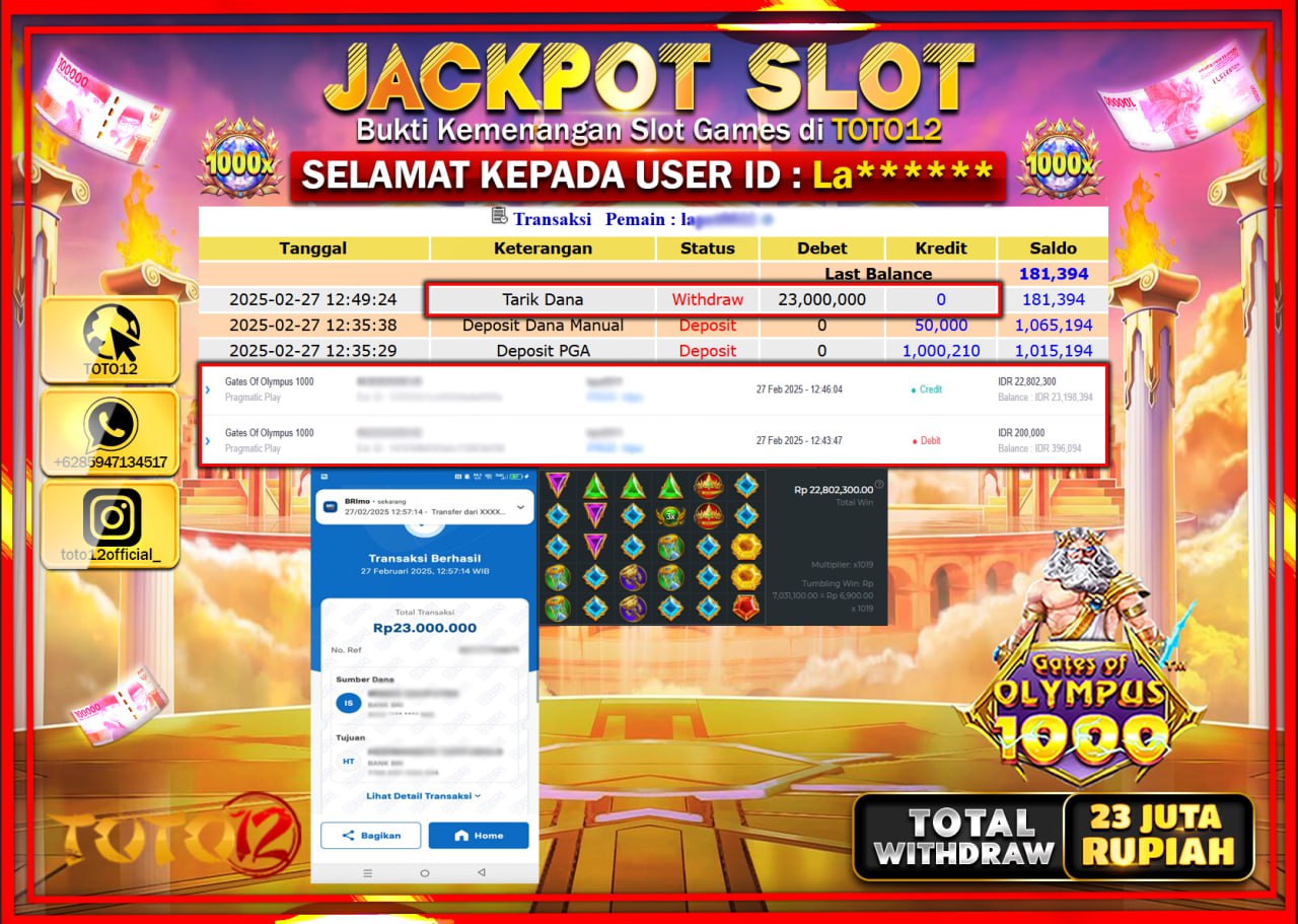 HANYA DI TOTO12 JP PASTI DI BAYAR LUNAS DAN CEPAT!!!!!! JACKPOT SLOT GAME (GATES OF OLYMPUS 1000) Rp.23.000.000 !!!!