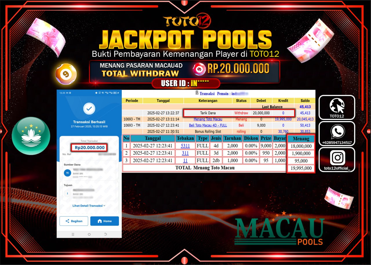 HANYA DI TOTO12 JP PASTI DI BAYAR LUNAS DAN CEPAT!!!!!! JACKPOT POOLS (TOTO MACAU) Rp.20.000.000 !!!!