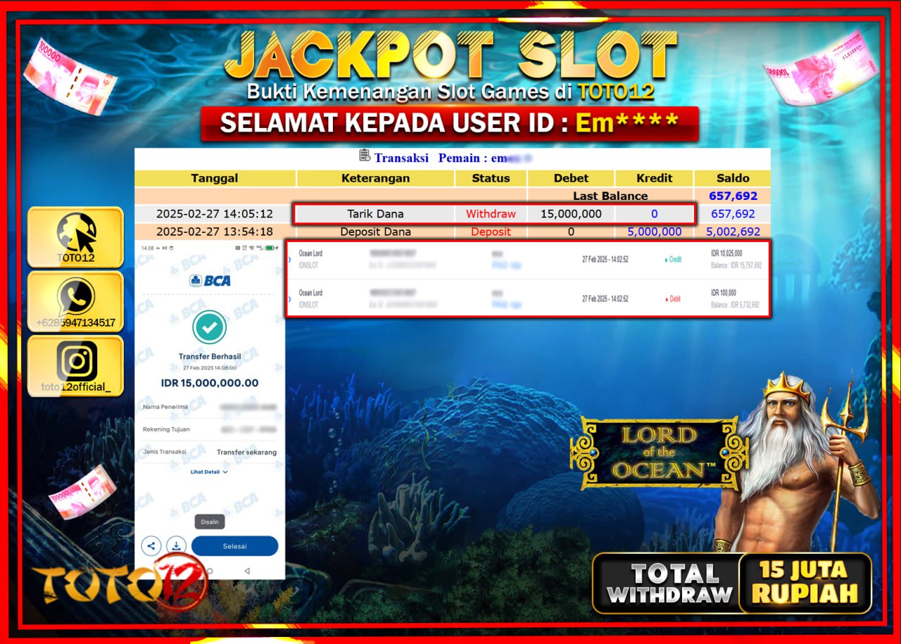 HANYA DI TOTO12 JP PASTI DI BAYAR LUNAS DAN CEPAT!!!!!! JACKPOT SLOT GAME (LORD OF THE OCEAN) Rp.15.000.000 !!!!