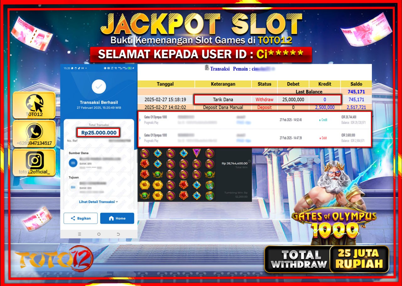 HANYA DI TOTO12 JP PASTI DI BAYAR LUNAS DAN CEPAT!!!!!! JACKPOT SLOT GAME (GATES OF OLYMPUS 1000) Rp.25.000.000 !!!!