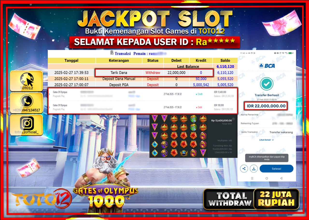 HANYA DI TOTO12 JP PASTI DI BAYAR LUNAS DAN CEPAT!!!!!! JACKPOT SLOT GAME (GATES OF OLYMPUS 1000) Rp.22.000.000 !!!!