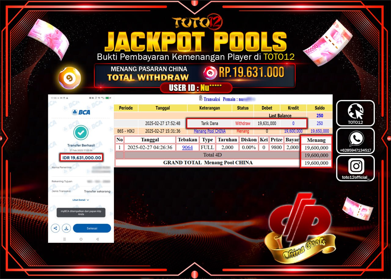 HANYA DI TOTO12 JP PASTI DI BAYAR LUNAS DAN CEPAT!!!!!! JACKPOT POOLS (CHINA) Rp.19.631.000 !!!!
