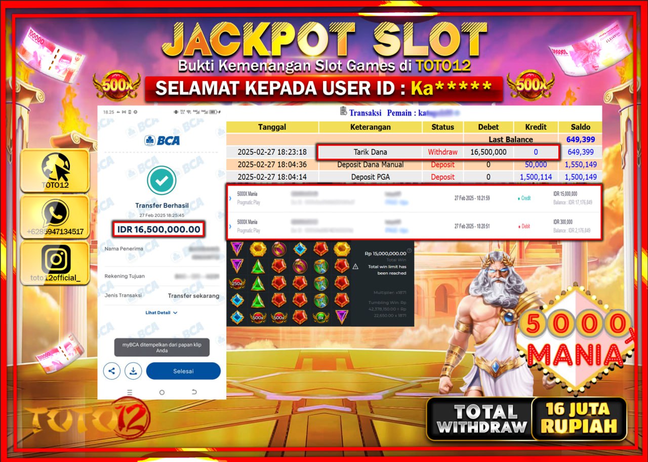 HANYA DI TOTO12 JP PASTI DI BAYAR LUNAS DAN CEPAT!!!!!! JACKPOT SLOT GAME (5000x MANIA) Rp.16.500.000 !!!!