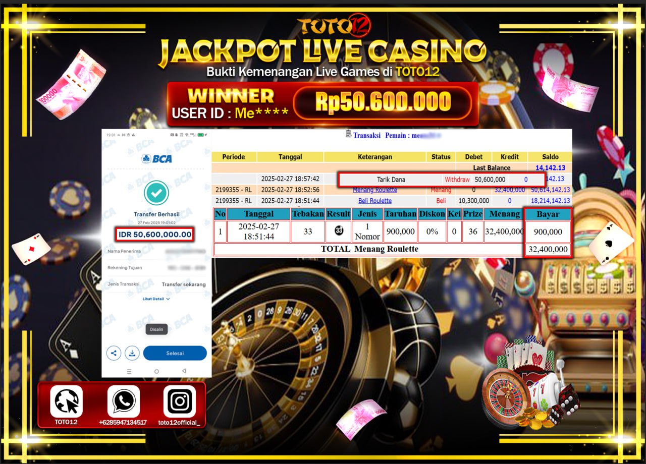 HANYA DI TOTO12 JP PASTI DI BAYAR LUNAS DAN CEPAT!!!!!! JACKPOT LIVE CASINO (ROULETTE) Rp.50.600.000 !!!!