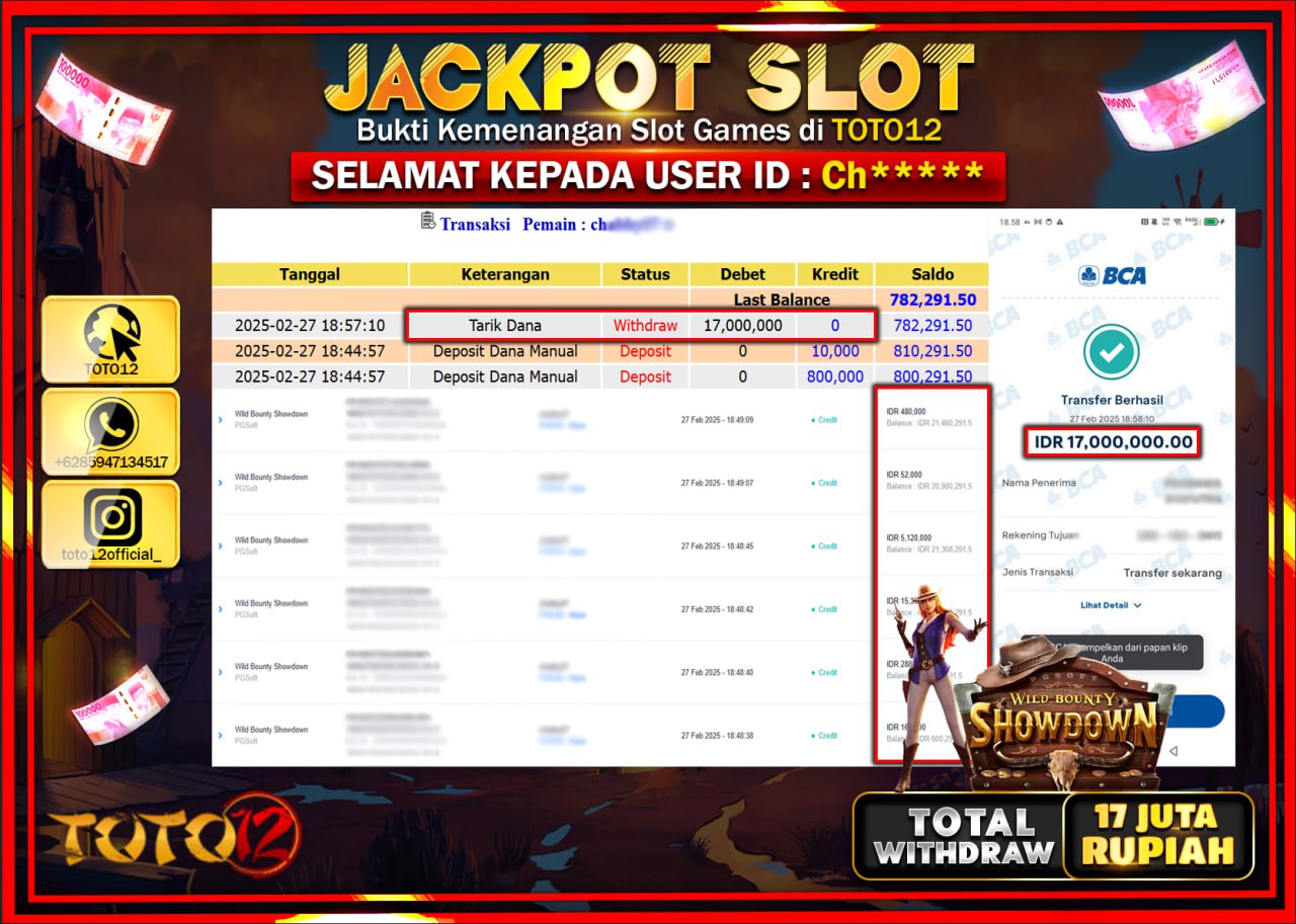 HANYA DI TOTO12 JP PASTI DI BAYAR LUNAS DAN CEPAT!!!!!! JACKPOT SLOT GAME (WILD BOUNTY SHOWDOWN) Rp.17.000.000 !!!!