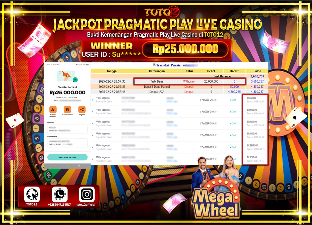 HANYA DI TOTO12 JP PASTI DI BAYAR LUNAS DAN CEPAT!!!!!! JACKPOT PRAGMATIC PLAY LIVE CASINO (MEGA WHEEL) Rp.25.000.000 !!!!