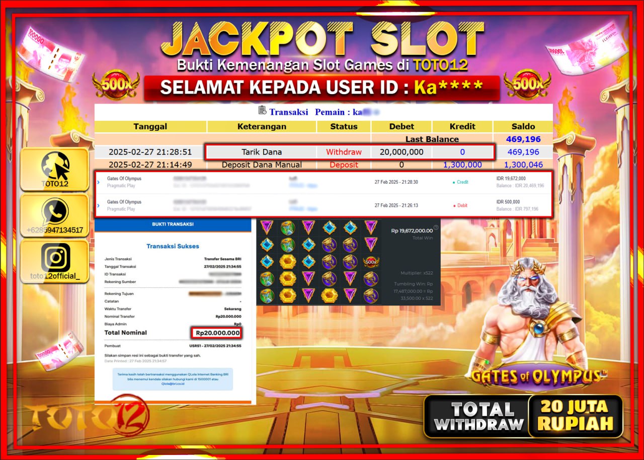 HANYA DI TOTO12 JP PASTI DI BAYAR LUNAS DAN CEPAT!!!!!! JACKPOT SLOT GAME (GATES OF OLYMPUS) Rp.20.000.000 !!!!