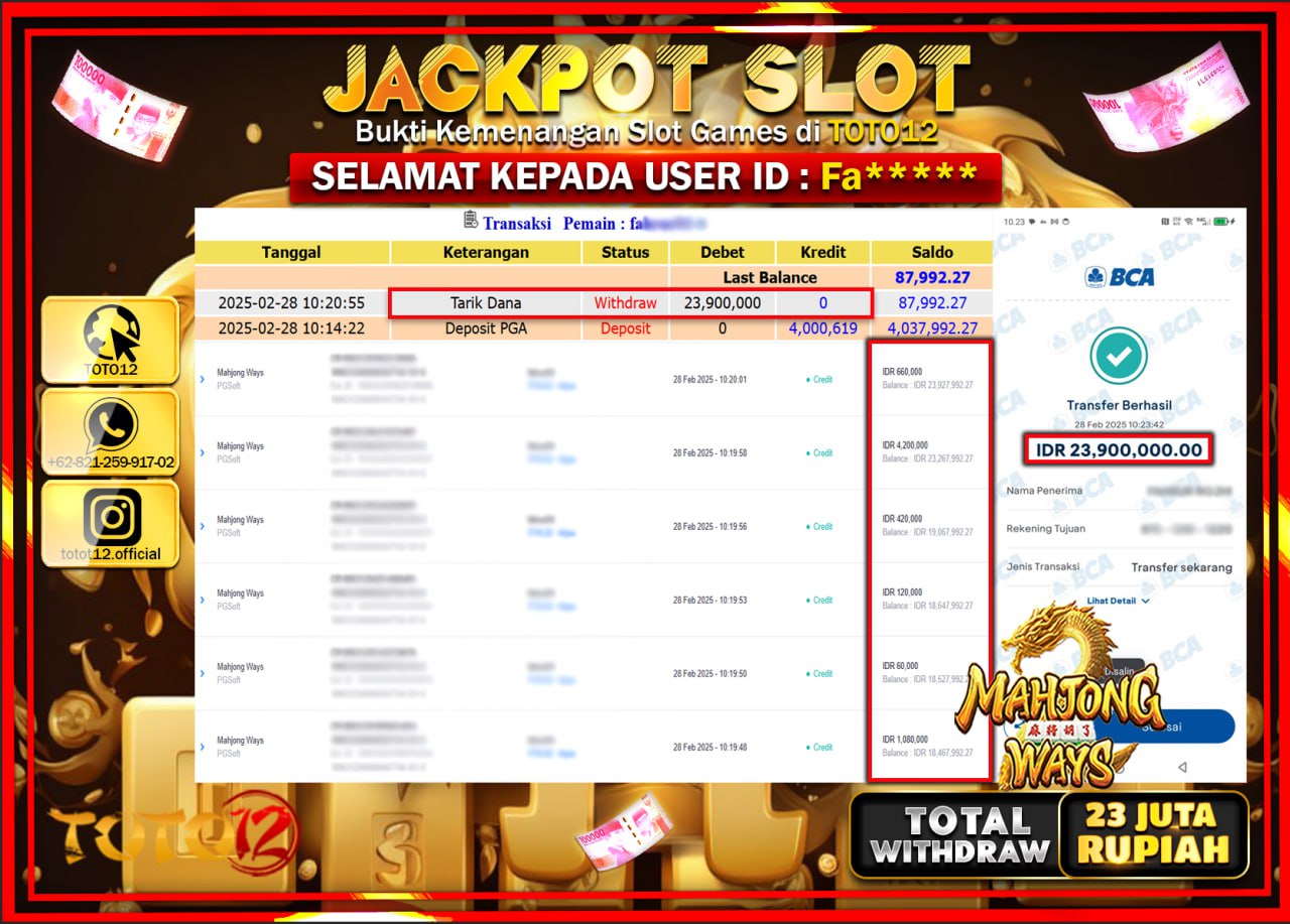 HANYA DI TOTO12 JP PASTI DI BAYAR LUNAS DAN CEPAT!!!!!! JACKPOT SLOT GAME (MAHJONG WAYS) Rp.23.000.000 !!!!