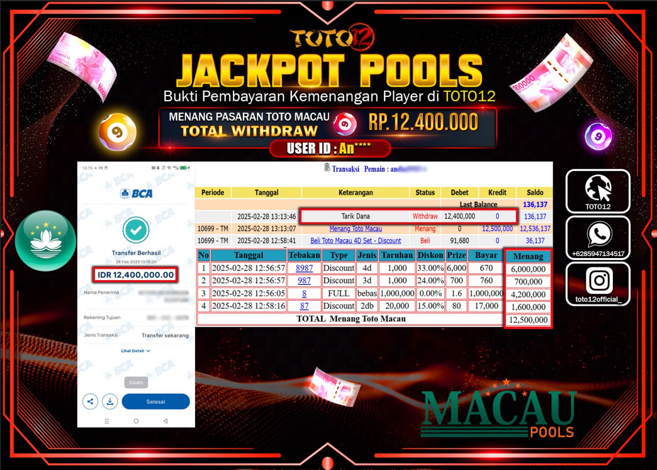 HANYA DI TOTO12 JP PASTI DI BAYAR LUNAS DAN CEPAT!!!!!! JACKPOT POOLS PASARAN (TOTO MACAU) Rp.12.000.000 !!!!
